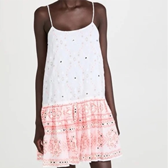 Juliet Dunn Dresses & Skirts - Juliet Dunn Nomad Embroidered Mirrored Cotton Mini Dress White Coral Boho 6/8